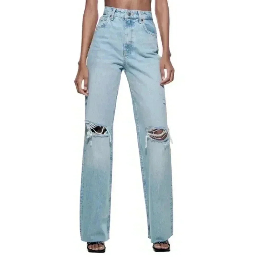 Zara High Wide  Leg Waist Ripped Distressed Jeans Light Wash Raw Hem Size 2